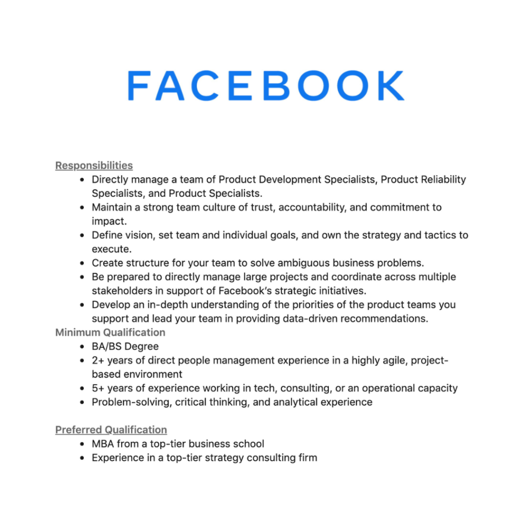Facebook job description for Product Operations Manager